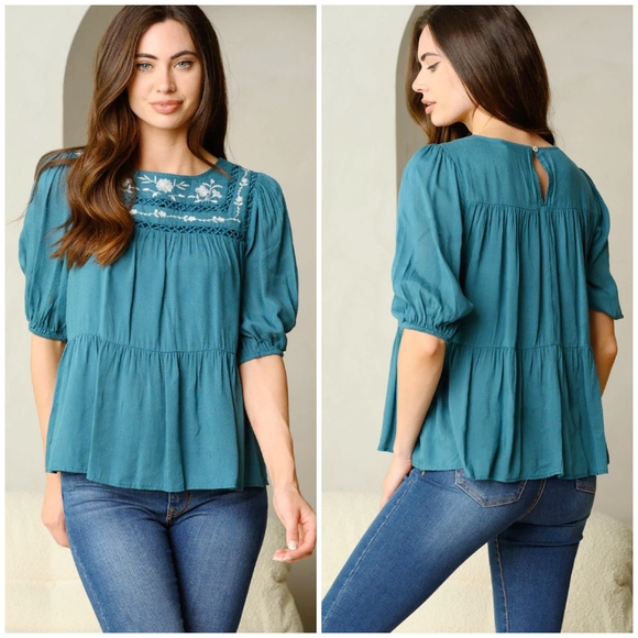 LAST 1❗️POLAGRAM Boho Chic Embroidered Teal Short Sleeves Top - Picture 5 of 5